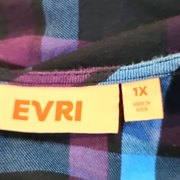 EVRI Blue & Purple Plaid Babydoll Top, Bell Sleeves, Size 1X - Picture 9 of 10